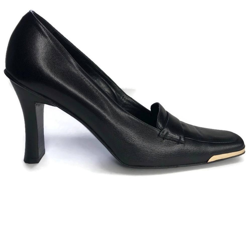 Escada Black Leather Pump with Gold Toe Accent